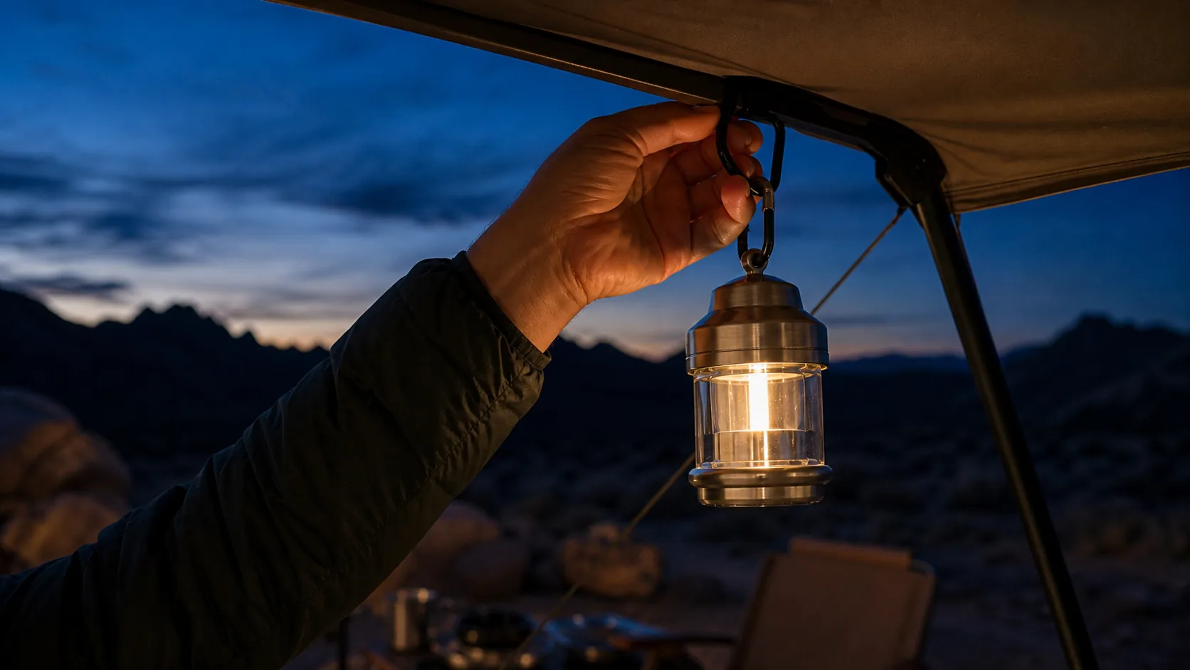Hanging a Field Lantern at dusk