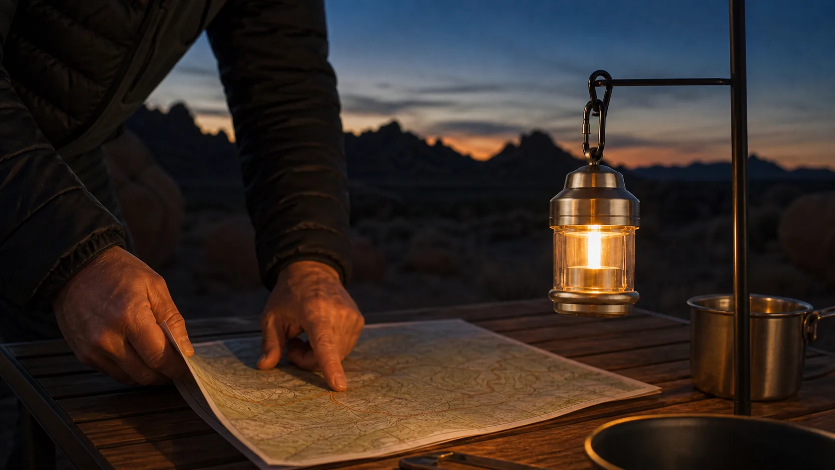 A Field Lantern beside a map at dusk