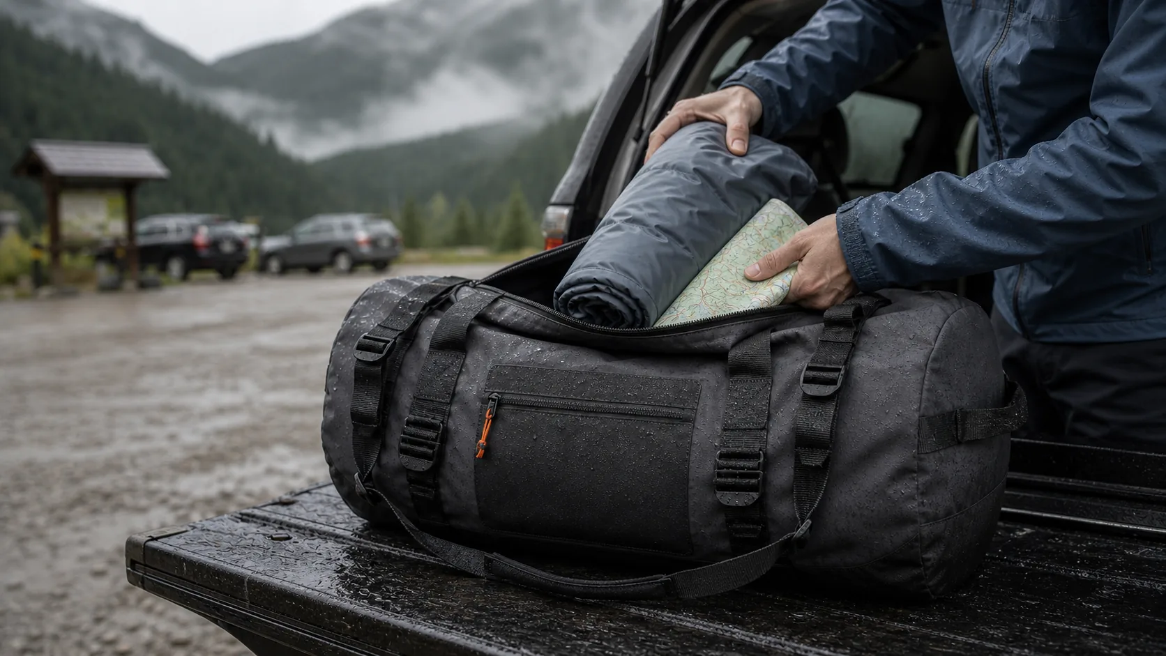 Hands packing outdoor gear into the Range Duffel