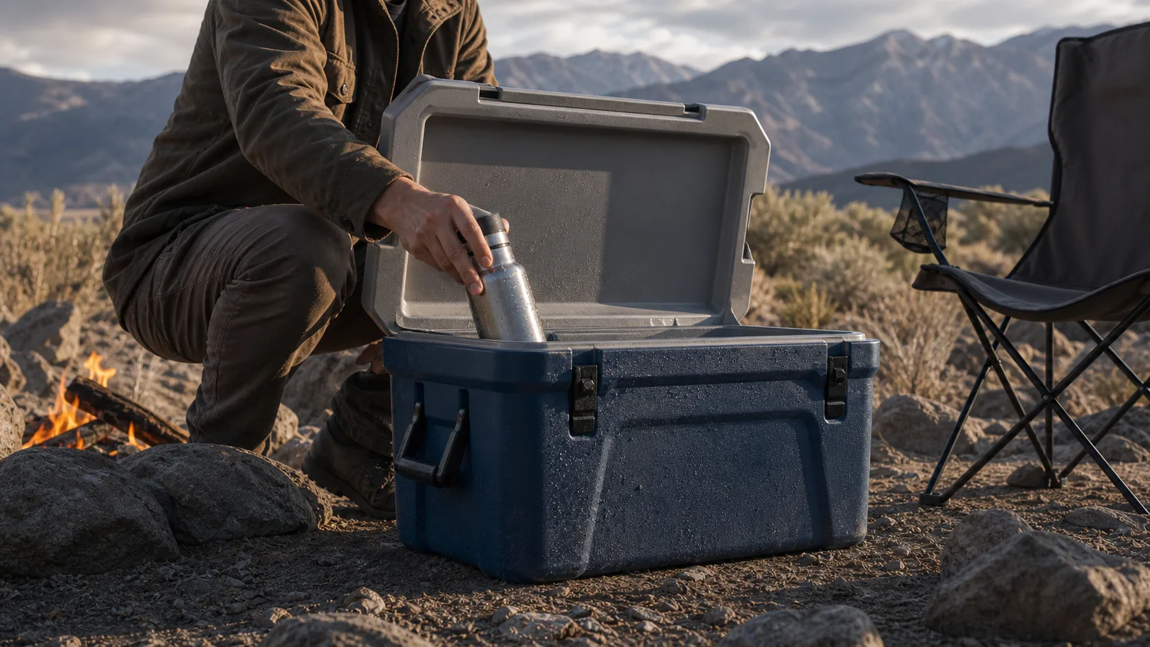 Opening a Ridge 45 cooler at a campsite